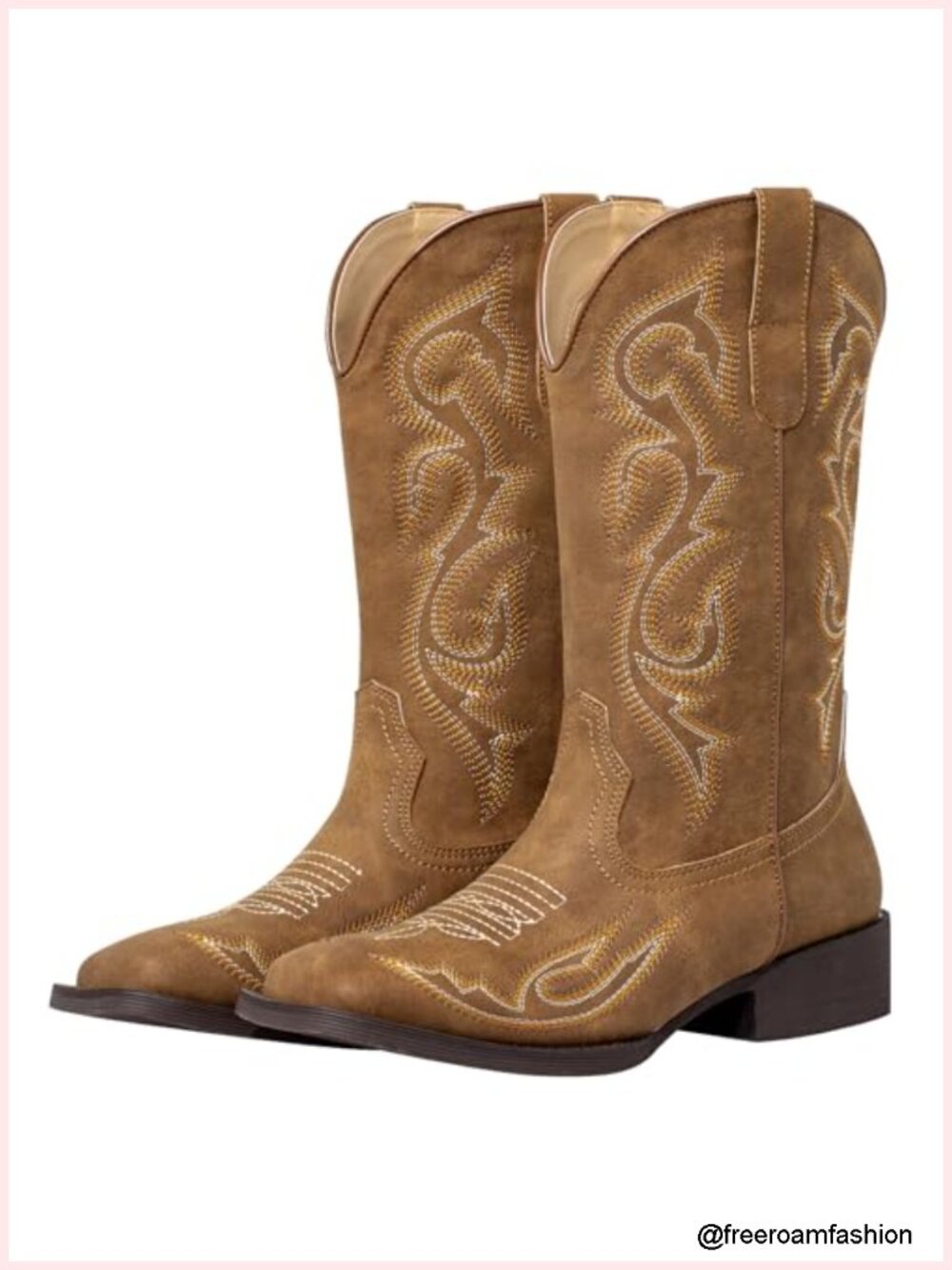 Square Toe Cowboy Boots Mid Calf Wide Calf Pull On Embroidered Western Boots